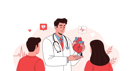 Obraz premium Doctor Explaining A Heart Model To Patients And Exploring Heart Health Concepts