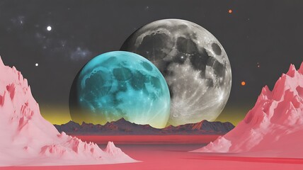 Two alien moons, one blue and one gray, over a rocky pink planet landscape