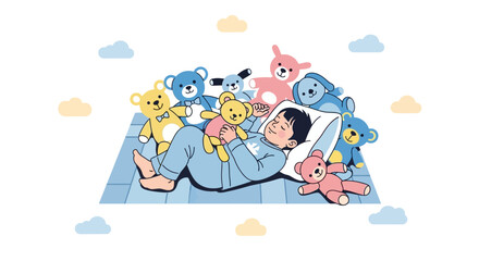 Dreamland Naptime: A Calm Child Sleeping Amongst Adorable Teddy Bears for Comfort