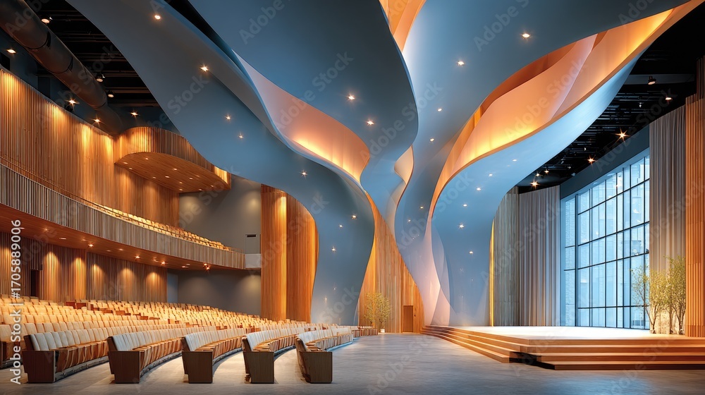 Poster neo-futuristic lecture stage with elliptical design featuring dynamic graphite-to-gunmetal radial li