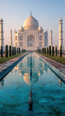 Obraz premium Capturing the majestic taj mahal reflection at dawn agra landscape photography serene historical environment tranquil viewpoint