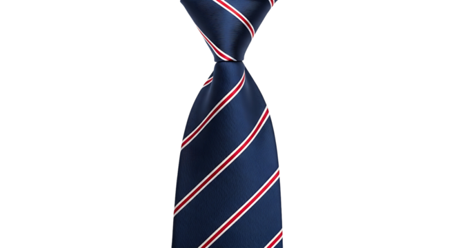A navy blue tie with red and white stripes is presented against a black backdrop.