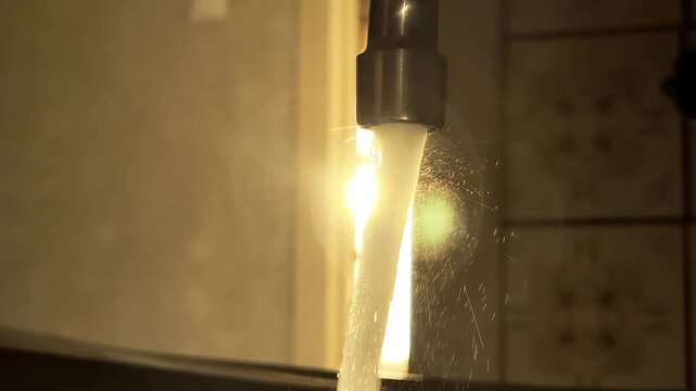 Water from the tap flows against the backdrop of the sunset. Water consumption in cubic meters, slow motion. Copy space for text