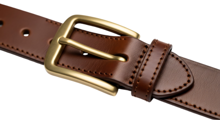 Close-up of a rich brown leather belt with a polished brass buckle, highlighting the craftsmanship and texture.