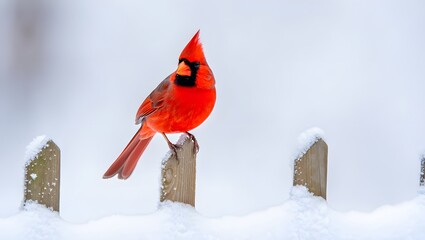 Northern Cardinal on Snowy Fence Post; Winter Wildlife Photography; Serene, Vibrant Image
