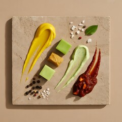 Top view of colorful food purees and cubes arranged on a stone slab