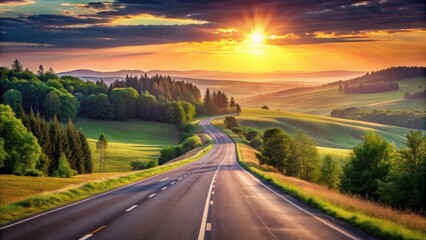 Naklejka premium Asphalt road winding through idyllic landscape at sunset with vibrant colors and lush green hills
