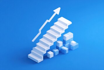 A white stairway climbs, supported by blue cubes on a blue background, with an upward-pointing line chart arrow indicating growth and progression