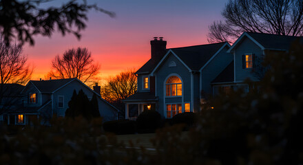 Residential Scene  Lit Windows, Bare Trees & Vibrant Evening Colors