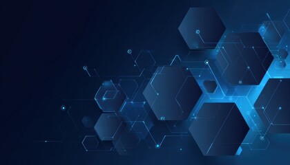 Abstract dark blue background with interconnected geometric shapes and glowing light, creating a sense of modern technology and data flow