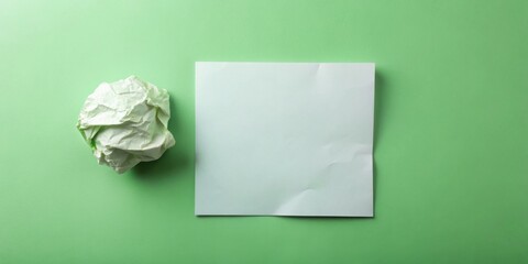 A crumpled ball of paper juxtaposed with a blank sheet, representing discarded ideas versus a fresh start
