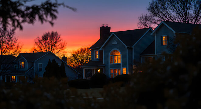 Residential Scene Lit Windows, Bare Trees & Vibrant Evening Colors - Powered by Adobe