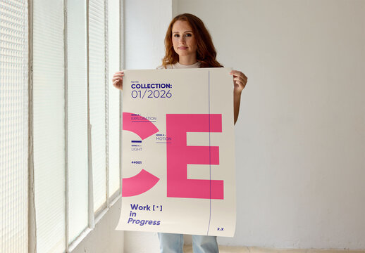 Woman Holds Blank Poster for Design. PSD mockup