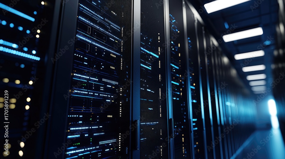 Poster modern data center with illuminated server racks in secure facility, ideal for it infrastructure, cl