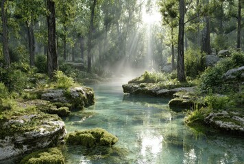 Sunbeams illuminate a pristine stream running through a lush, green forest, creating a serene and inviting natural landscape