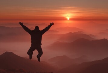 Person mid-jump, arms raised, against a sunset view of hazy, distant mountains bathed in orange light. Symbolic freedom and achievement