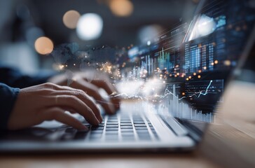 Close-up of person typing on laptop, overlaid with glowing data visualization, charts, graphs, and world map elements, on blurred backdrop