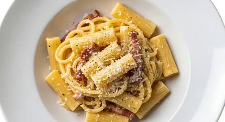 Creamy pasta dish with pancetta, pasta, and cheese, garnished with pepper, presented in a white bowl.