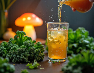 A tall glass of being poured into a larger glass filled with ice cubes is centrally placed on a table, surrounded by broccoli and a lit mushroom-shaped lamp.
