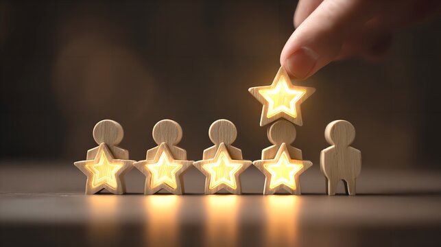 Elevating Excellence Hand Places a Glowing Star atop Wood Figures Symbolizing Outstanding Ratings against a Soft Warm