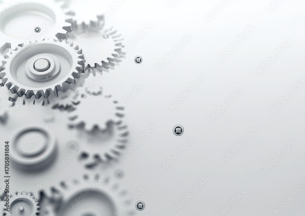 Aufkleber minimalist white background with gears and leaf-shaped mechanical elements featuring subtle metal te