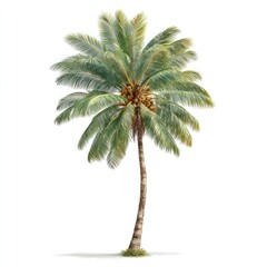 Render of a tall palm tree, with green leaves and a brown trunk, casting a soft shadow on a white background. Tropical feel