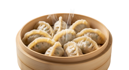 Steamed dumplings, golden-brown and flavorful, rest in a traditional bamboo steamer, showcasing the art of Asian cuisine.