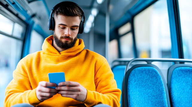 A young man in a bright yellow hoodie listens to music on headphones while using his smartphone on a bus.