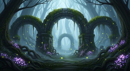 Stone Arches in Misty Forest