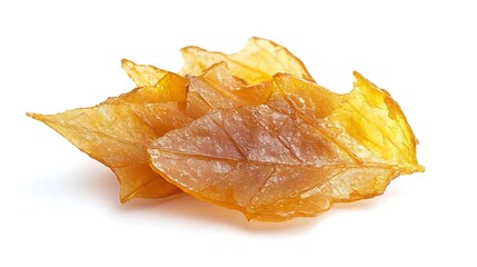 Fototapeta premium Pile of Honeycomb Candy Leaves on White Backdrop, Isolated Close Up, Honey Golden