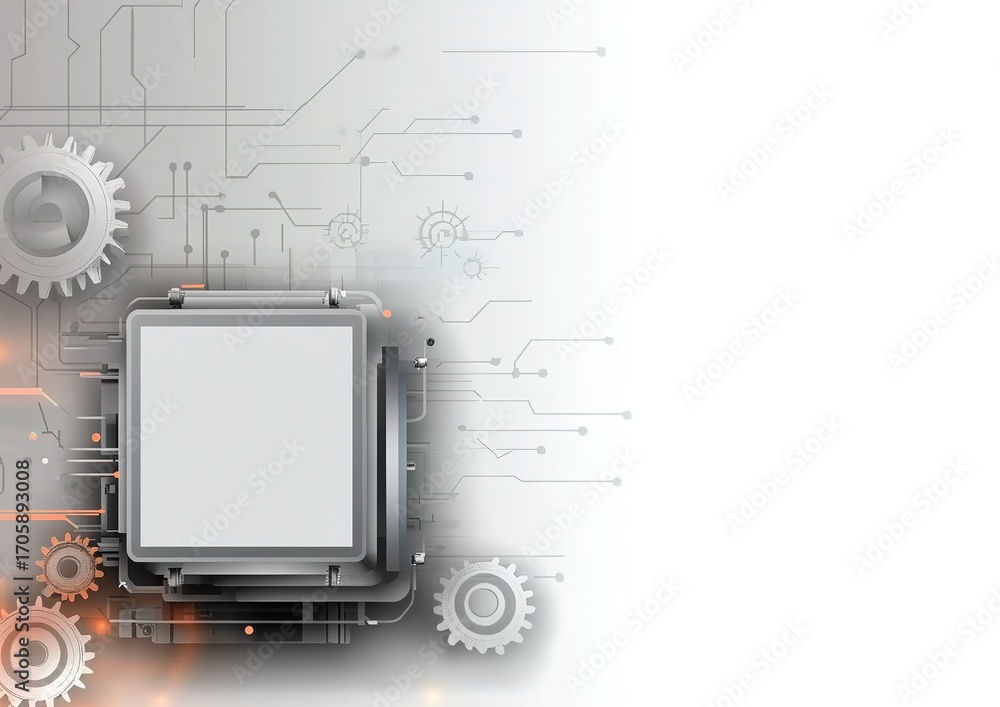 Aufkleber tech-themed background with circuit board patterns and gear lines in gray and orange, central blank 