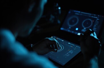 A person interacts with two digital tablets displaying circular data and graphs, bathed in a low-light blue hue