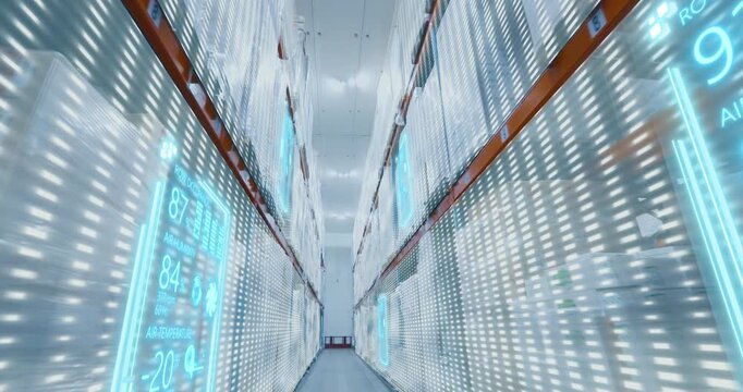 Cold storage food warehouse concept. Smart frozen storage warehouse. Inside, interior.. Smart cold chain logistics concept. AI Warehouse Automation. Artificial Intelligence in Warehouse.
