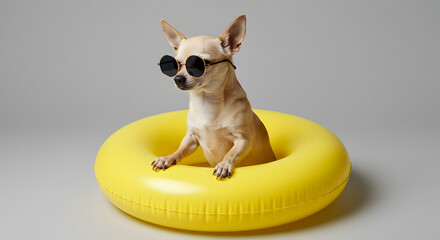 Chihuahua in Sunglasses  Playful Summer Portrait with Yellow Float & Gray Backdrop