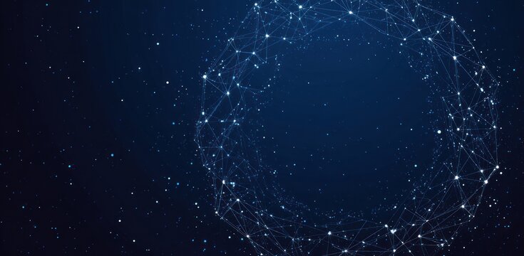 Abstract network with connected nodes forms a circle against a deep blue background, resembling a digital galaxy - Powered by Adobe