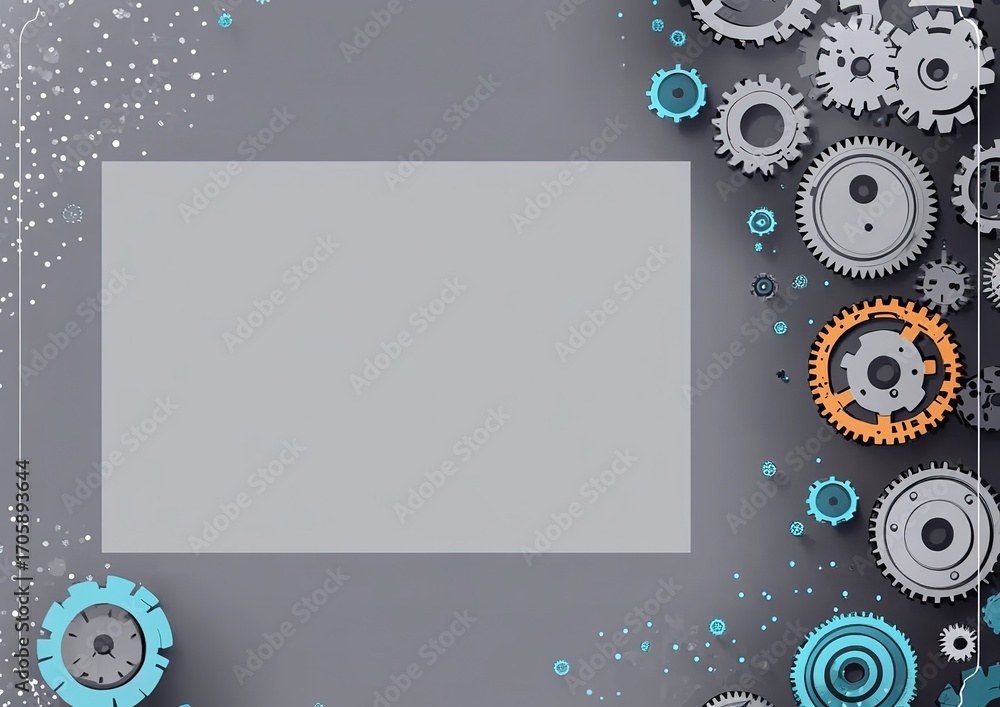Aufkleber tech-inspired gray digital interface background with blue and orange gears on right, white text box 