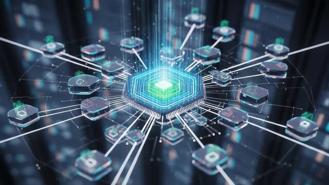 Exploring the Intricate Network of a Central Processing Unit Surrounded by Connected Nodes and Data Flow in a Futuristic Digital Environment