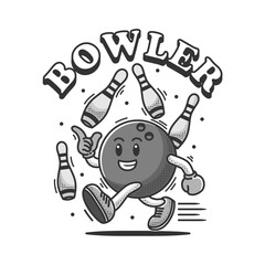 Monochrome vector illustration of a classic cartoon bowling ball mascot. This joyful running character gives a thumbs-up, perfect for a sports logo or emblem