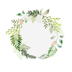 Round frame watercolor with green leaves . hand drawn. Not AI, Vector illustration.
