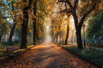 Fototapeta premium Tranquil Autumn Park Pathway Scene with Golden Leaves and Sunlight Through Trees, Featuring Benches and Lush Surroundings - Concept of Nature Photography, Eco Tours, Urban Serenity