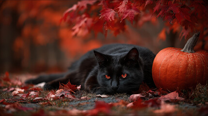 Autumn scene with black cat pumpkin and colorful leaves outdoor close-up seasonal vibes