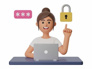 Woman with laptop pointing at padlock and password security concept