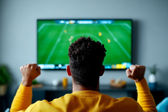 A fan celebrates while watching a soccer match on TV, showing excitement with raised fists and an intense focus on the game.
