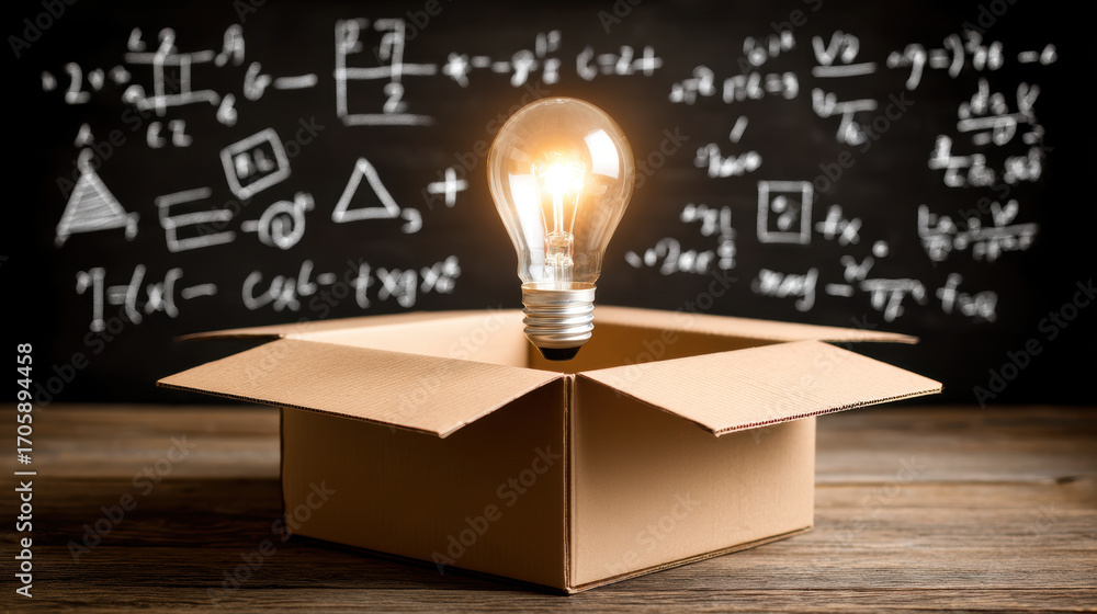 Poster glowing light bulb in open cardboard box symbolizes creativity and innovation against chalkboard wit