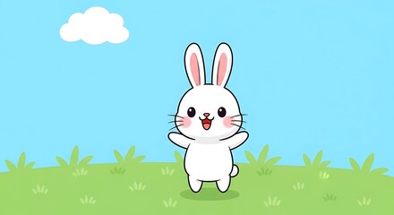White Rabbit Cartoon Happy in Grass Field