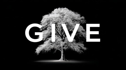 Monochrome tree with bold give text on black background