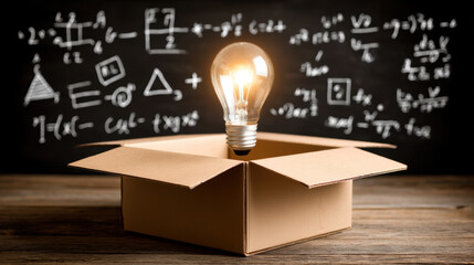 Glowing light bulb in open cardboard box symbolizes creativity and innovation against chalkboard with mathematical formulas