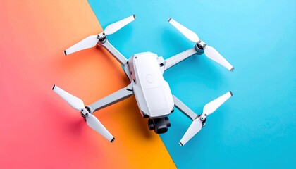 Modern drone with quadcopter design sleek body and advanced flying technology device on plain colorful background
