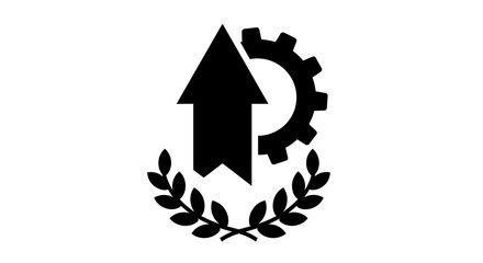 Black Vector Icon: Upward Arrow Gear and Laurel Wreath Symbolizing Performance Progress and Achievement.