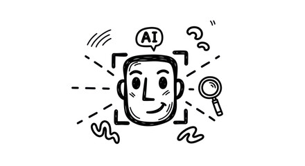 Hand-drawn AI Face Recognition Illustration with Square Frame and Magnifying Glass.
